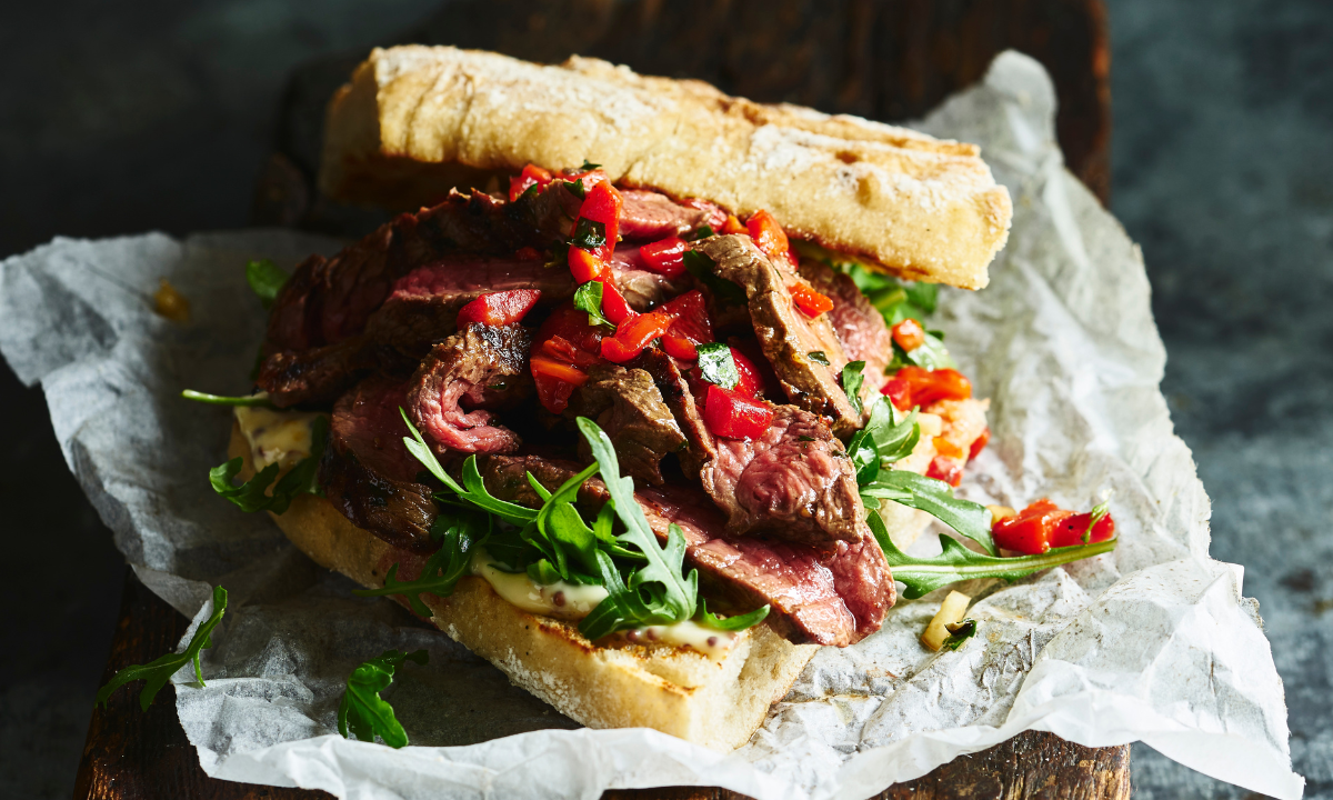 Grilled Steak, Arugula, and Roasted Red Pepper Sandwich